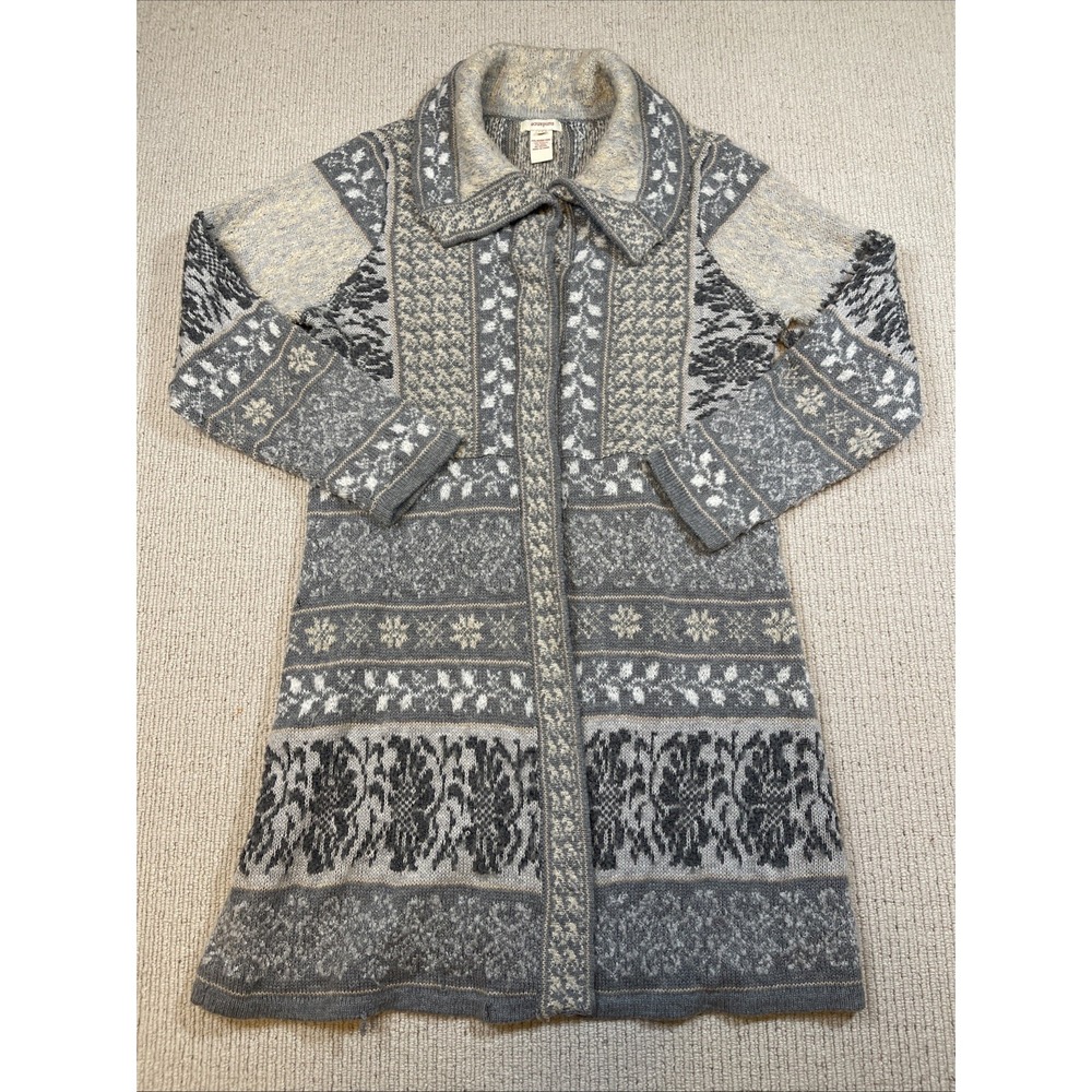 Sundance Petite Small Wool Blend Gray Fair Isle Long Cardigan Sweater Buttons